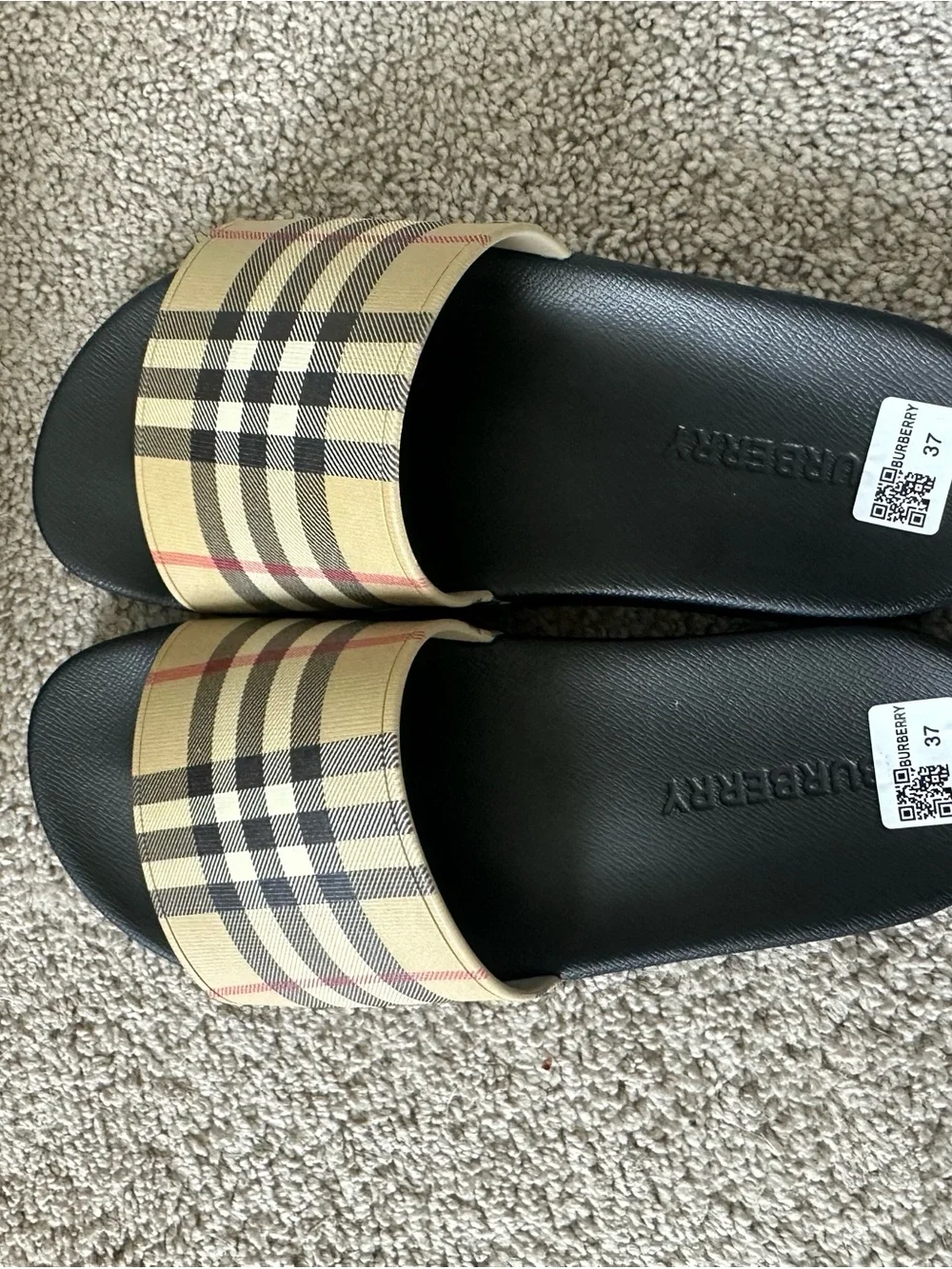Burberry Men’s Black Slides with Beige Vintage Check Strap